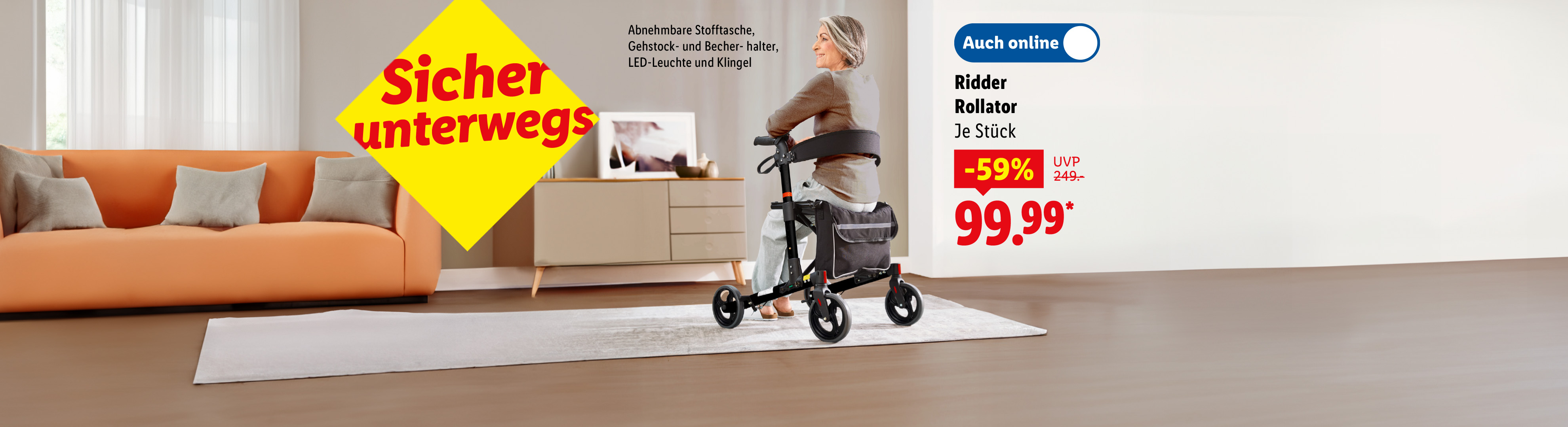 Eine Frau sitzt auf einem Ridder Rollator mit abnehmbarer Stofftasche, Gehstock- und Becherhalter.