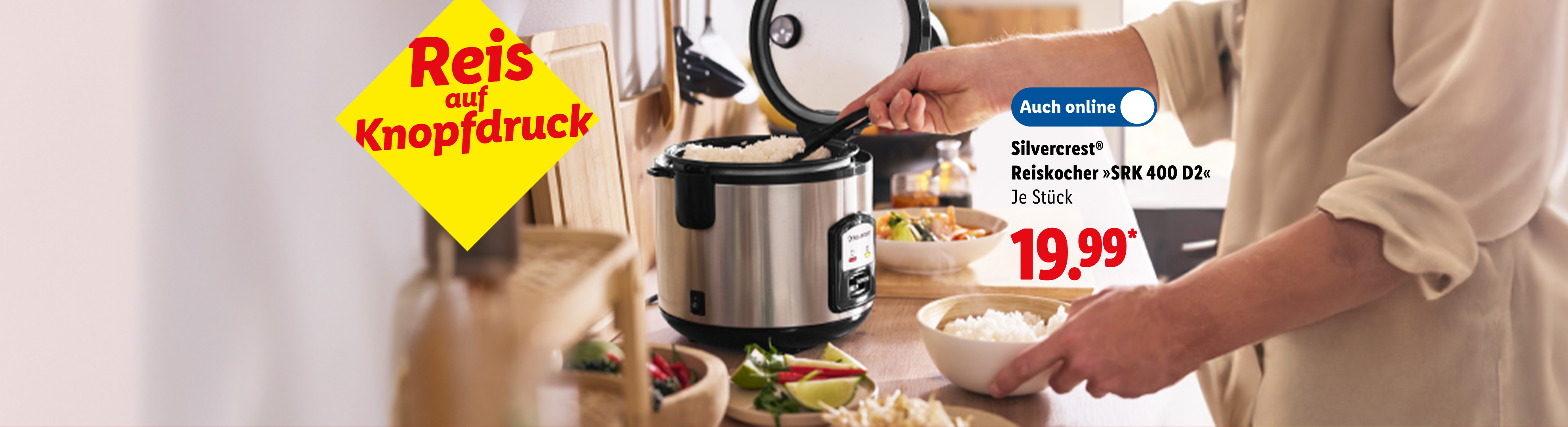 Silvercrest Reiskocher mit Reis und der Aufschrift 'Reis auf Knopfdruck'