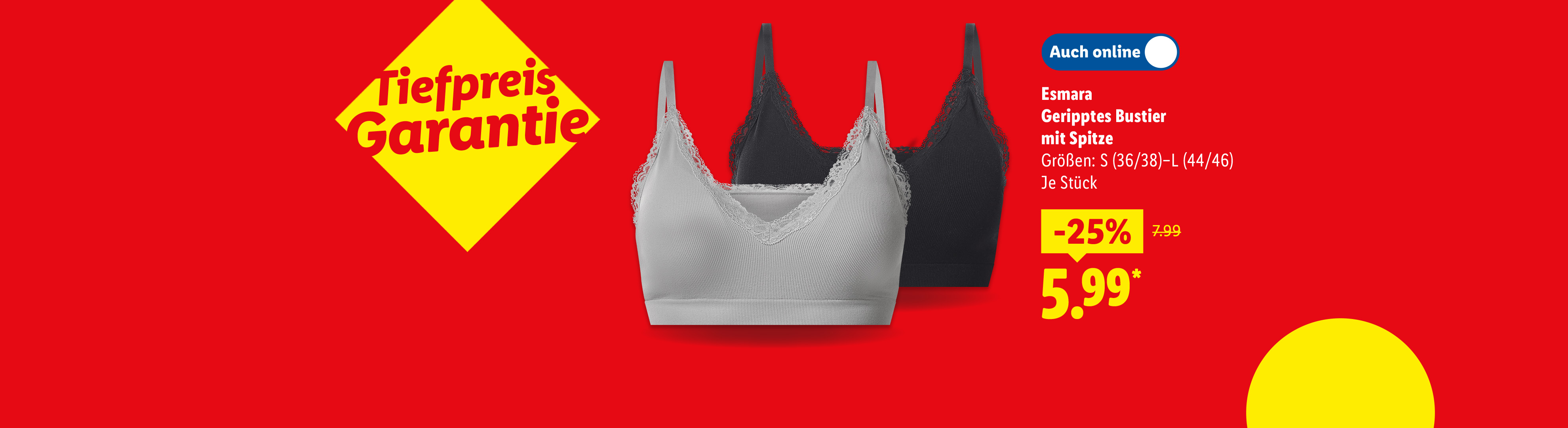 Esmara Geripptes Bustier mit Spitze in den Größen: S (36/38)-L (44/46), je Stück -25% günstiger auch online für 5.99€*