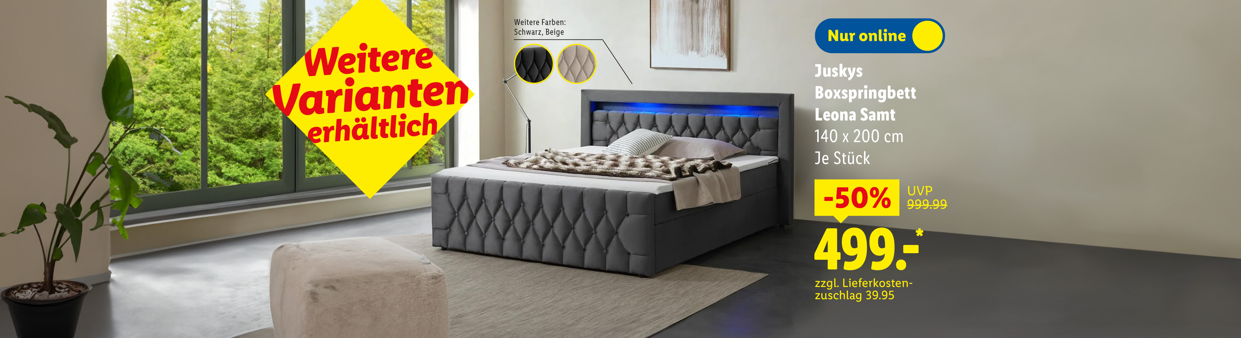 Juskys Boxspringbett Leona Samt 140 x 200 cm, je Stück -50 % günstiger nur online für 499.00€* zzgl. Lieferkostenzuschlag 39.95