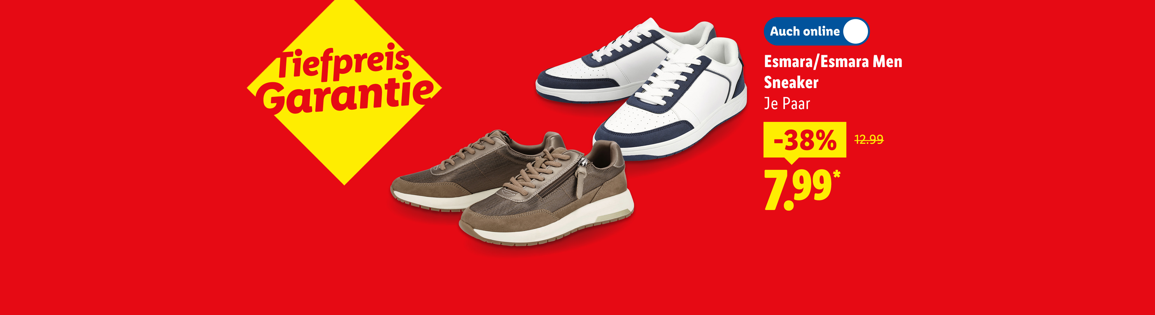 Tiefpreis Garantie: Esmara/Esmara Men Sneaker, je Paar -38% günstiger auch online für 7.99€*.