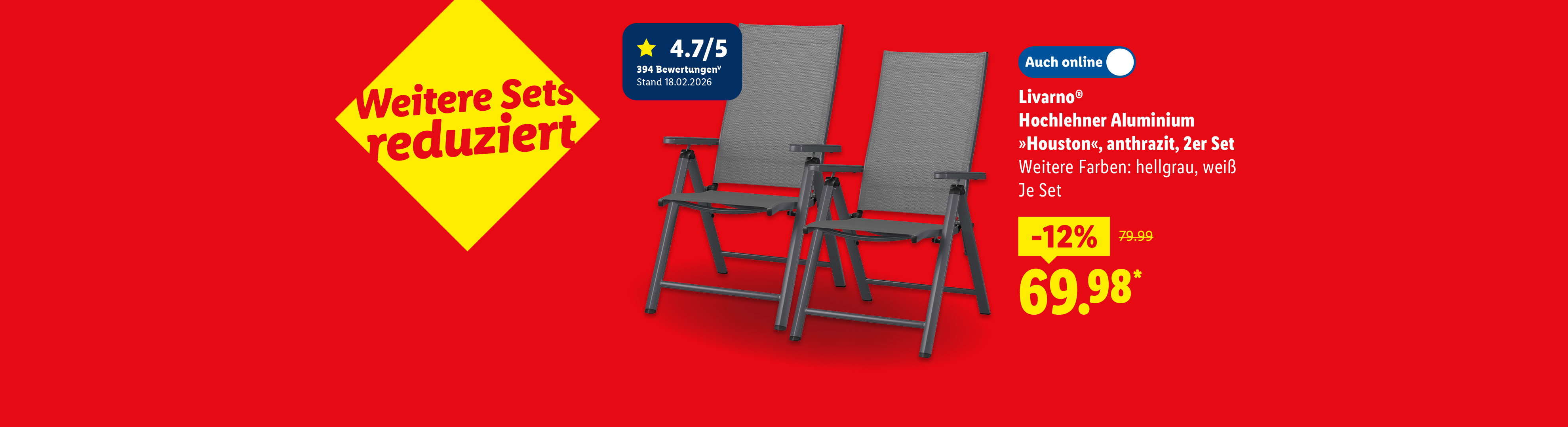 Livarno® Hochlehner Aluminium »Houston«, anthrazit, 2er Set, weitere Farben: hellgrau, weiß, je Set -12% günstiger auch online für 69.98€*.