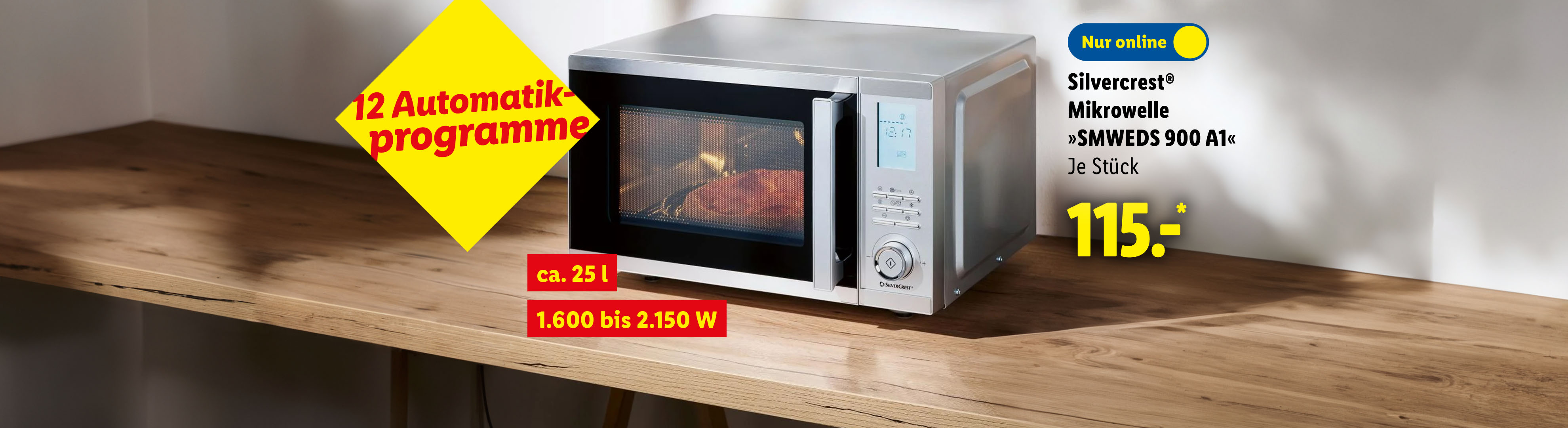 Silvercrest Mikrowelle »SMWEDS 900 A1«, 12 Automatikprogramme, ca. 25 l, 1.600 bis 2.150 W, je Stück nur online für 115.- €*.