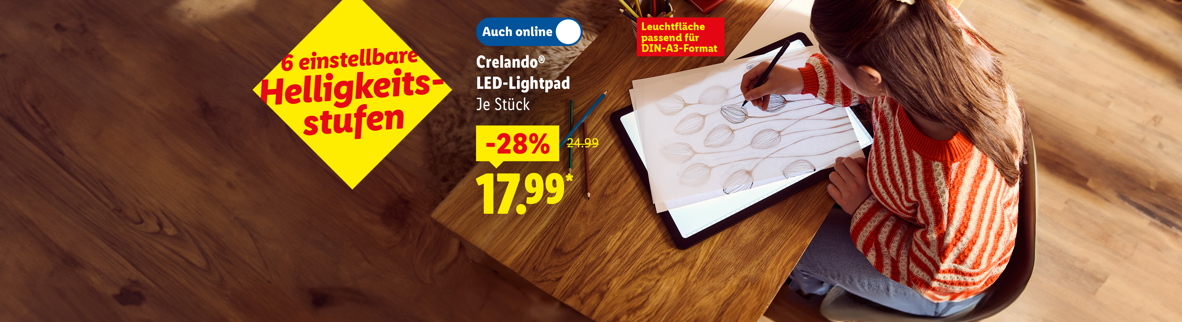 6 einstellbare Helligkeitsstufen: Crelando LED-Lightpad, Leuchtfläche passend für DIN-A3-Format, je Stück -28% auch online für 17.99 €*.