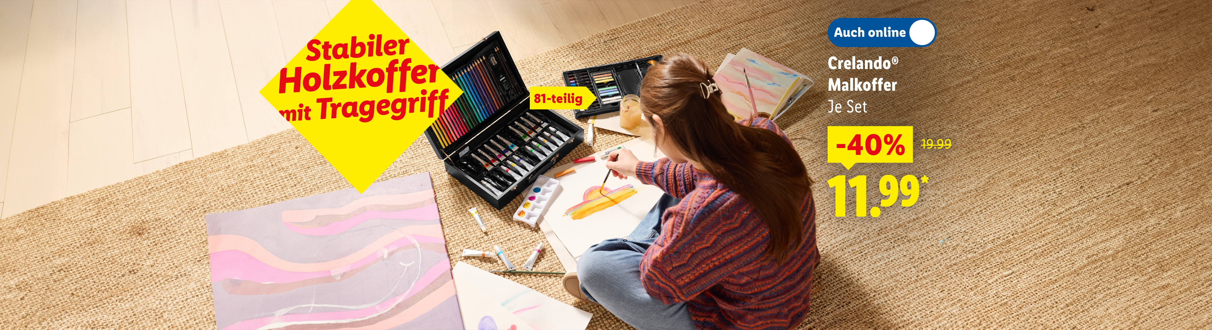Stabiler Holzkoffer mit Tragegriff: Crelando® Malkoffer, 81-teilig, je Set -40% auch online für 11.99 €*.