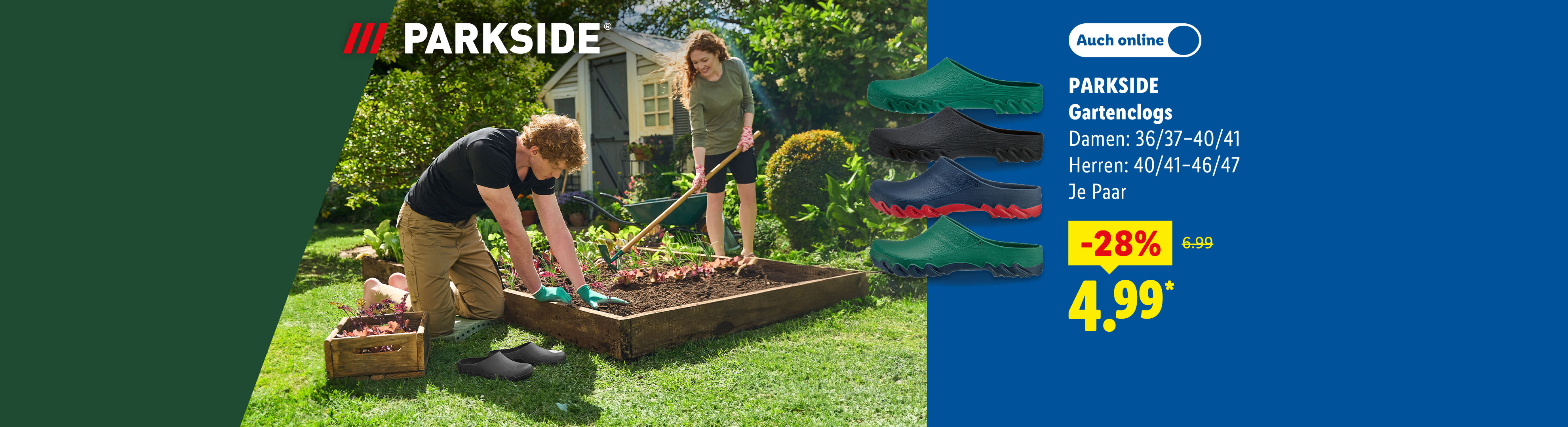 Tiefpreis-Garantie: Parkside Gartenclogs, in den Größen für Damen: 36/37–40/41, für Herren: 40/41–46/47, je Paar -28% auch online für 4.99 €*.