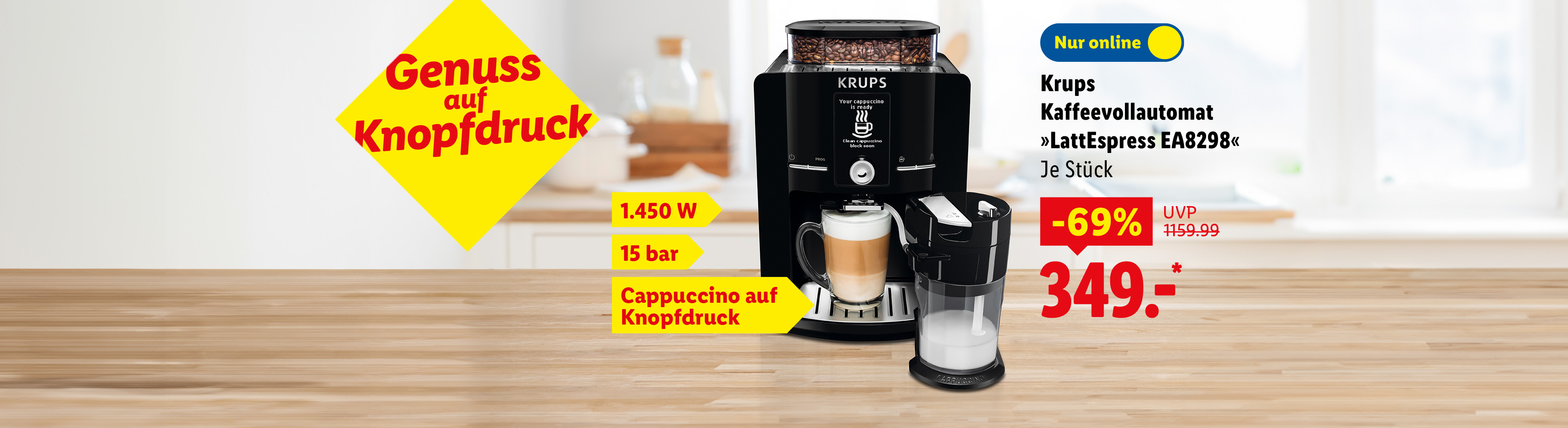 Genuss auf Knopfdruck: Krups Kaffeevollautomat »LattEspress EA8298«, 1.450 W, 15 bar, Cappuccino auf Knopfdruck, je Stück -69% nur online für 349.- €*.