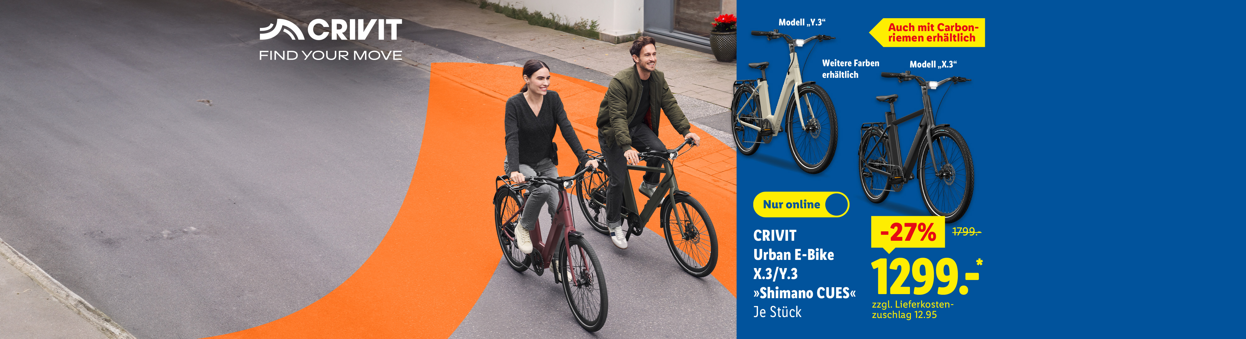 Crivit Urban E-Bike X.3/Y.3 »Shimano CUES«, verschiedene Farben und Varianten erhältlich, auch mit Carbonriemen erhältlich, je Stück -27% nur online für 1299.- €* zzgl. Lieferkostenzuschlag 12.95 €.