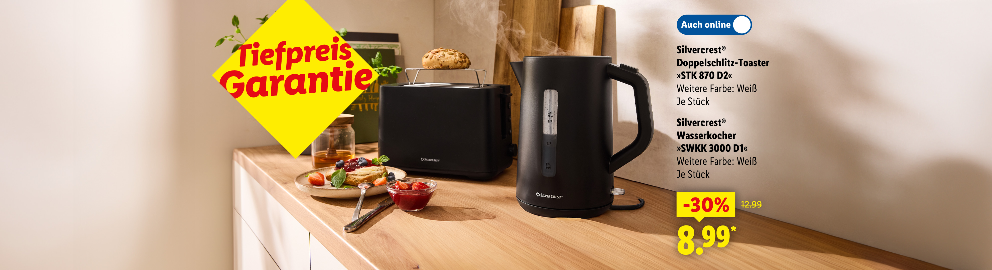 Tiefpreis-Garantie: Silvercrest Doppelschlitz-Toaster »STK 870 D2« oder Silvercrest Wasserkocher »SWKK 3000 D1«, weitere Farbe: weiß, je Stück -30% auch online für 8,99 €*.