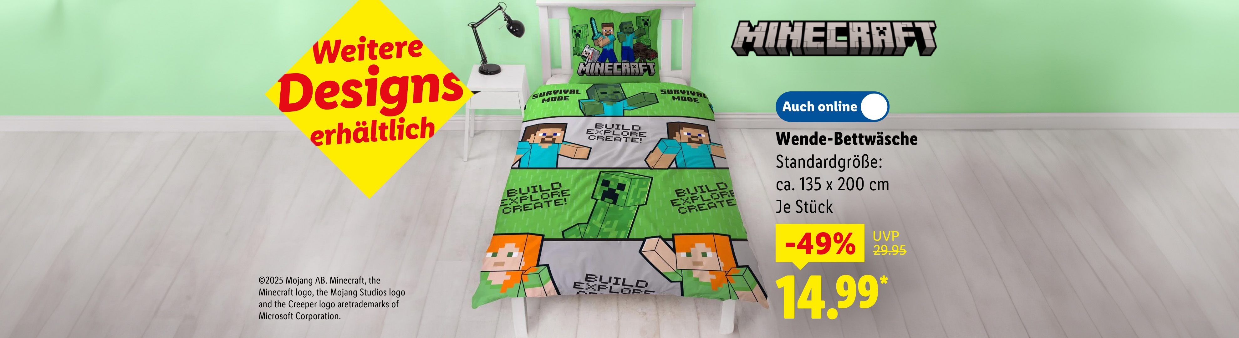 Minecraft Wende-Bettwäsche, Standardgröße: ca. 135 x 200 cm, weitere Designs erhältlich, je Stück -49% auch online für 14.99 €*.
