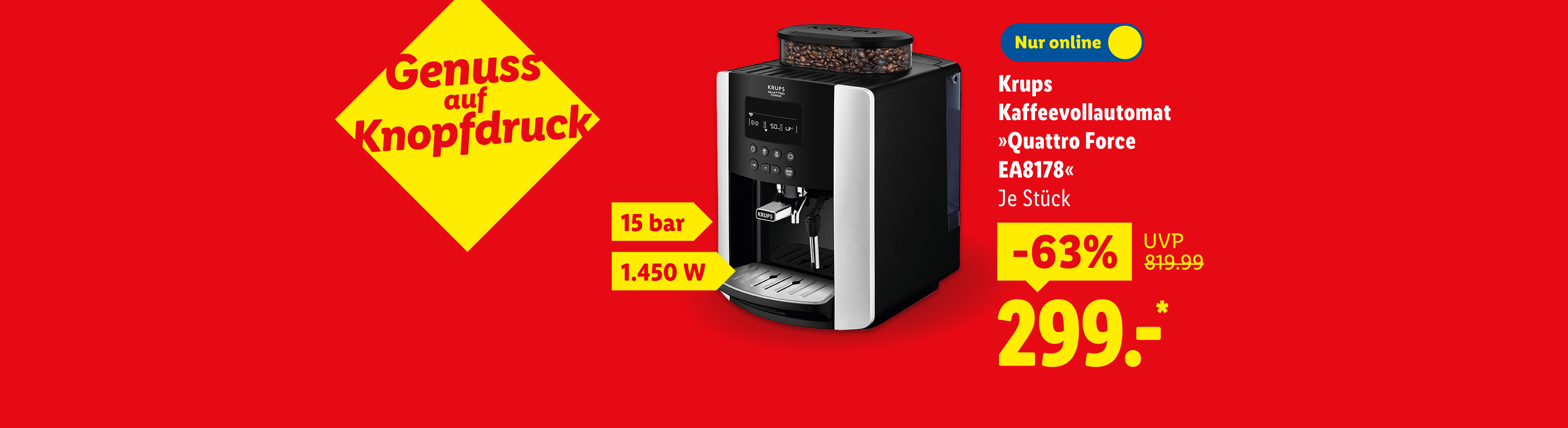Genuss auf Knopfdruck: Krups Kaffeevollautomat »Quattro Force EA8178«, 15 bar, 1.450 W, je Stück -63% günstiger nur online für 299.00€* Sofort kaufen.