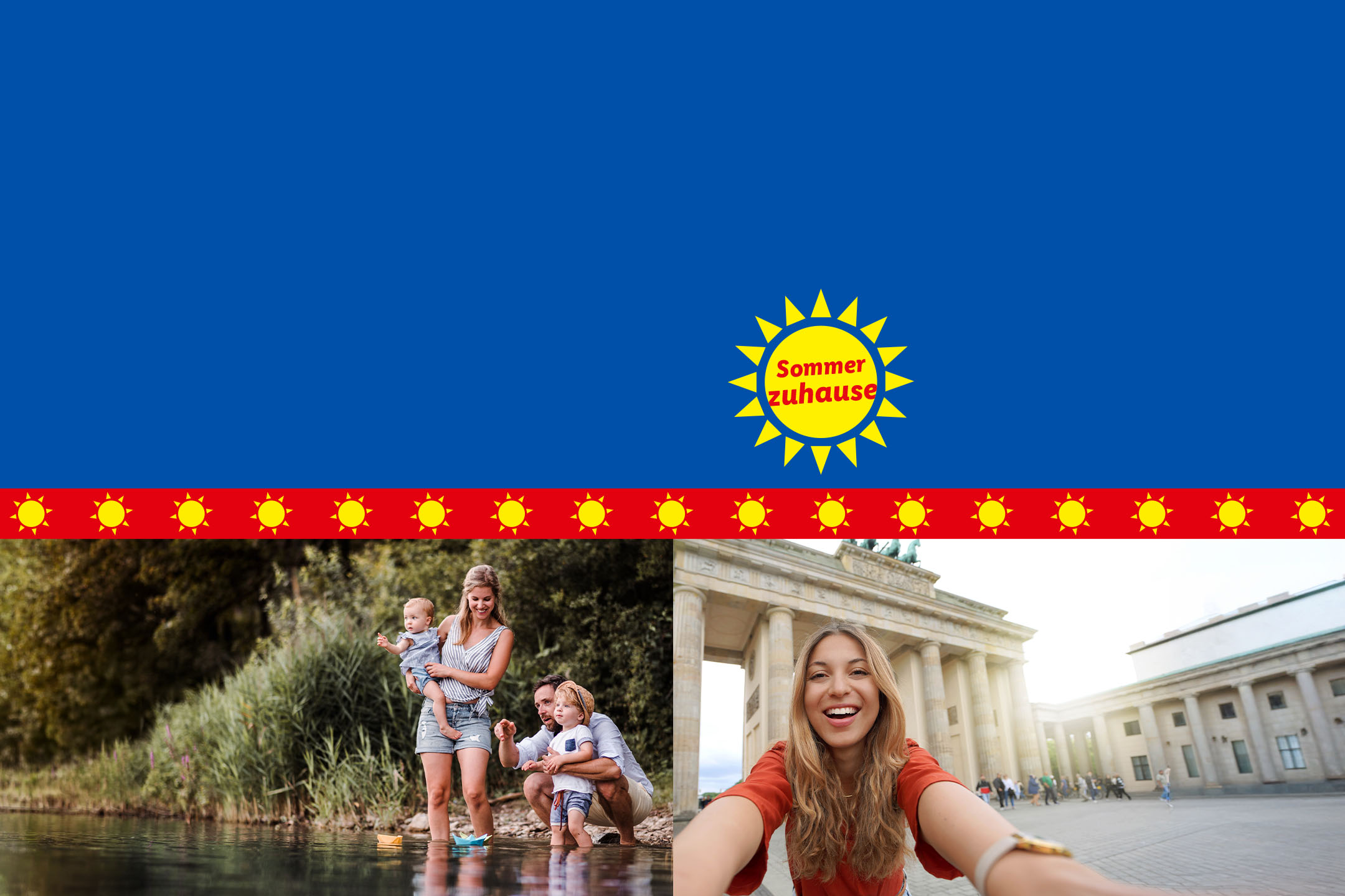 Blaues Banner mit „Sommer zuhause“ und Fotos einer Familie am Wasser und einer Frau vor dem Brandenburger Tor.
