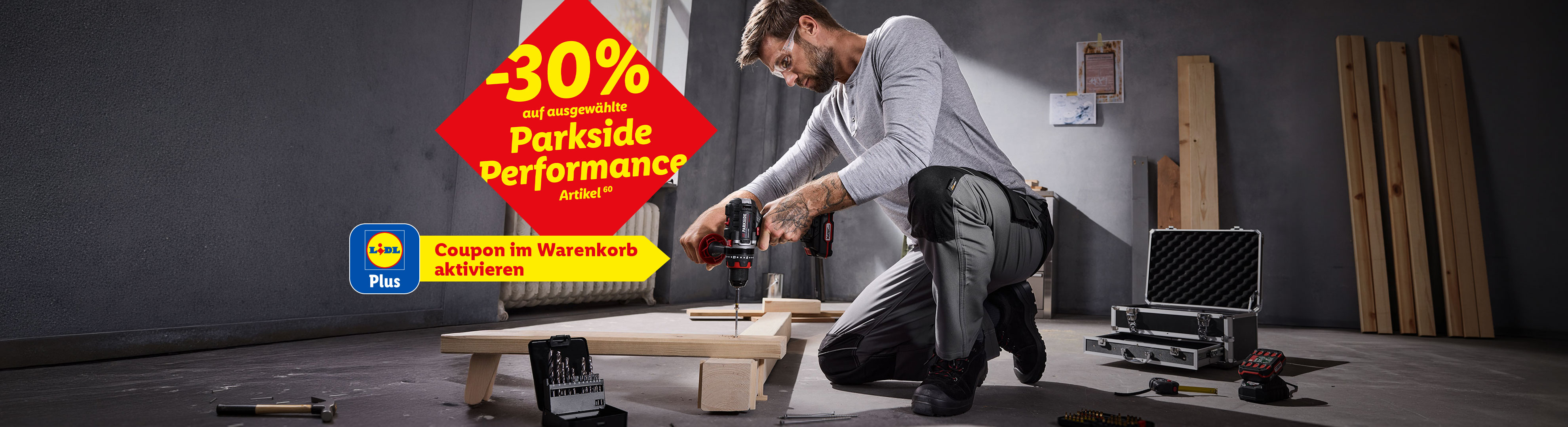 -30% auf ausgewählte Parkside Performance Artikel (Hochzahl 60): Lidl Plus Coupon im Warenkorb aktivieren.