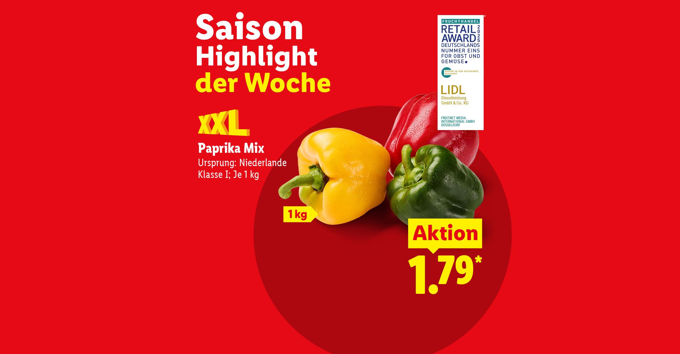 Saison Highlight der Woche. XXL Paprika Mix für 1.79 je 1 kg. Ursprung: Niederlande. Klasse 1