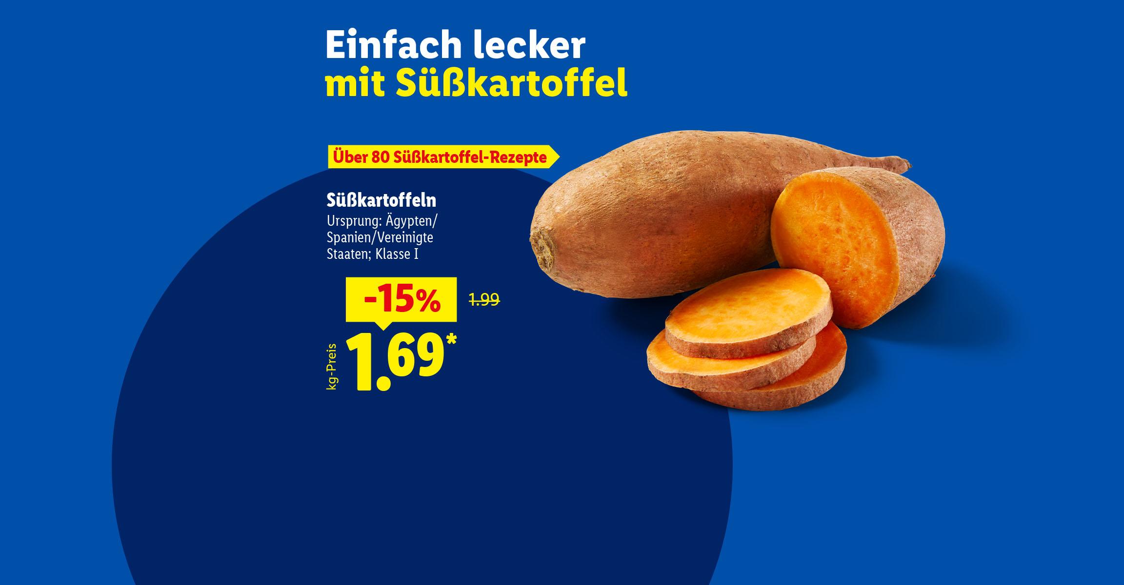 Süßkartoffeln, Einfach lecker mit Süßkartoffel, Über 80 Süßkartoffel-Rezepte, Ursprung: Ägypten/Spanien/Vereinigte Staaten, Klasse I, je 1 kg -15% für 1.69 €*. kg-Preis 1.69 €/kg.