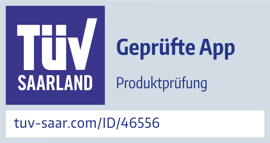 TÜV Saarland Logo mit der Aufschrift „Geprüfte App Produktprüfung“ und einer URL.