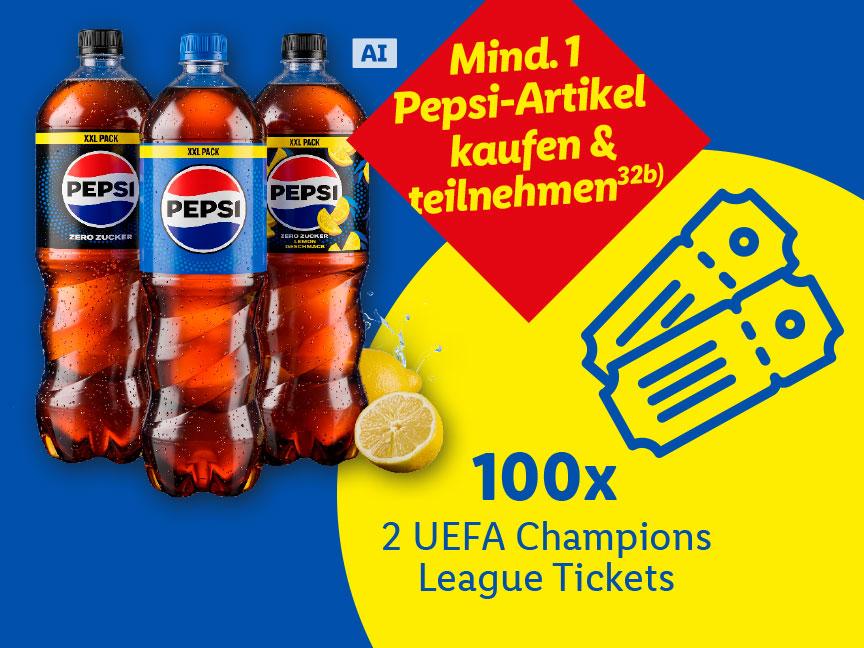Drei Flaschen Cola-Getränke mit einem Gewinnspiel für UEFA Champions League Tickets.