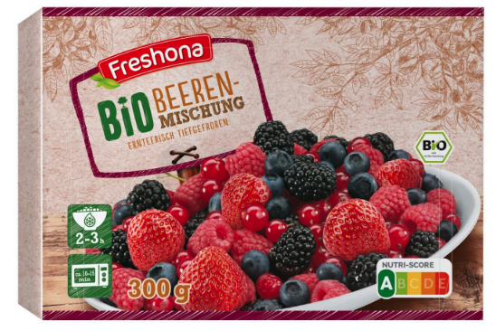 Bio-Beerenmischung, erntefrisch tiefgefroren, 300g Packung mit Erdbeeren, Himbeeren, Brombeeren und Heidelbeeren.