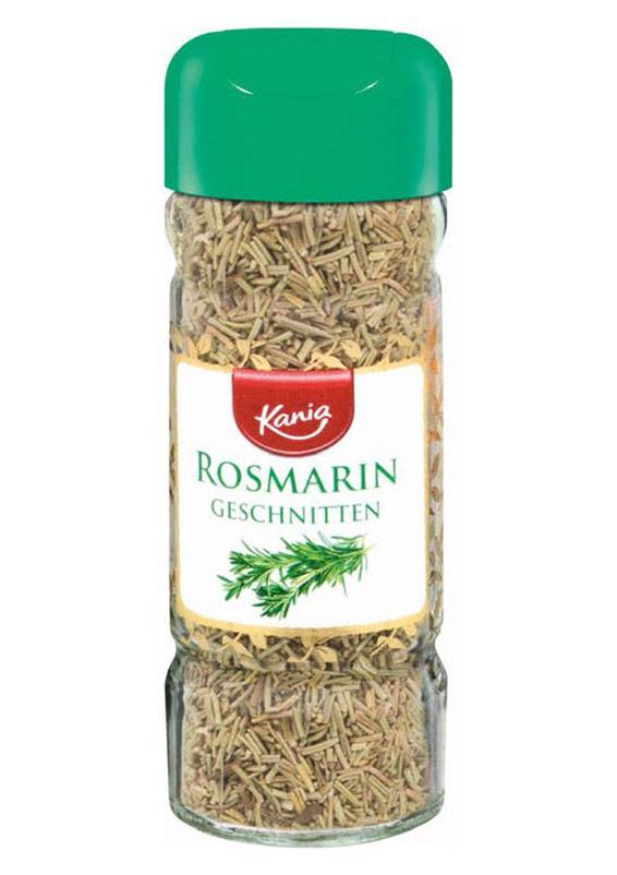 Glas Rosmarin geschnitten mit grünem Deckel und Rosmarin-Illustration