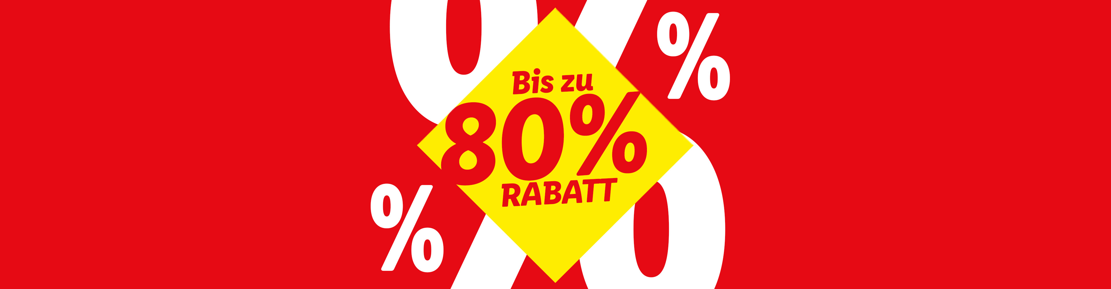 Roter Hintergrund mit gelbem Quadrat, das „Bis zu 80% Rabatt“ anzeigt.