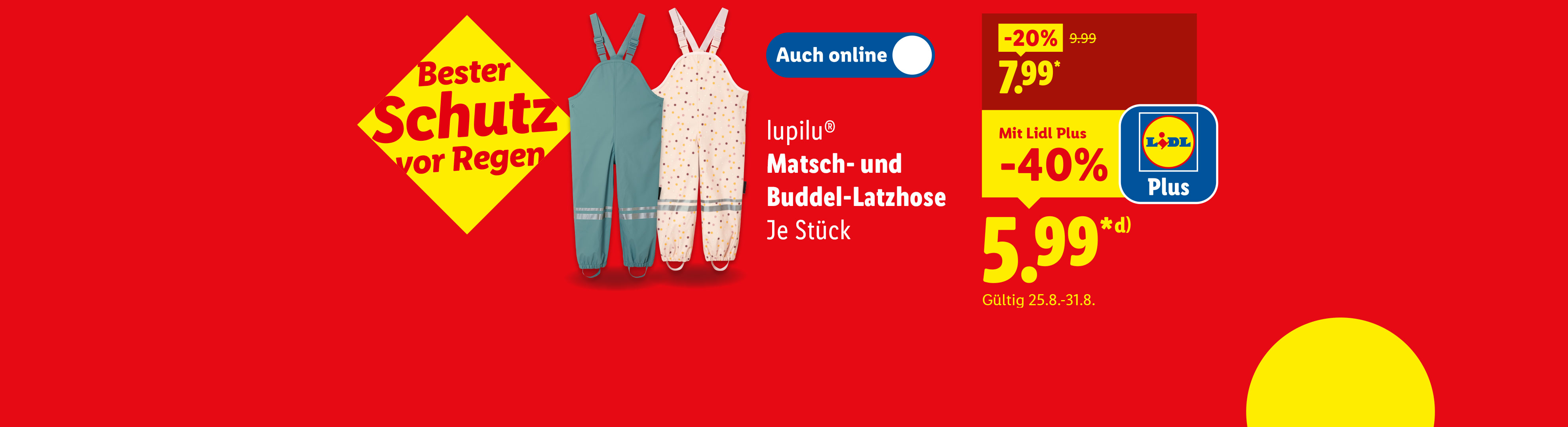 Lupilu Matsch- und Buddel-Latzhose für Kinder, erhältlich in zwei Farben, mit Preisinformationen.