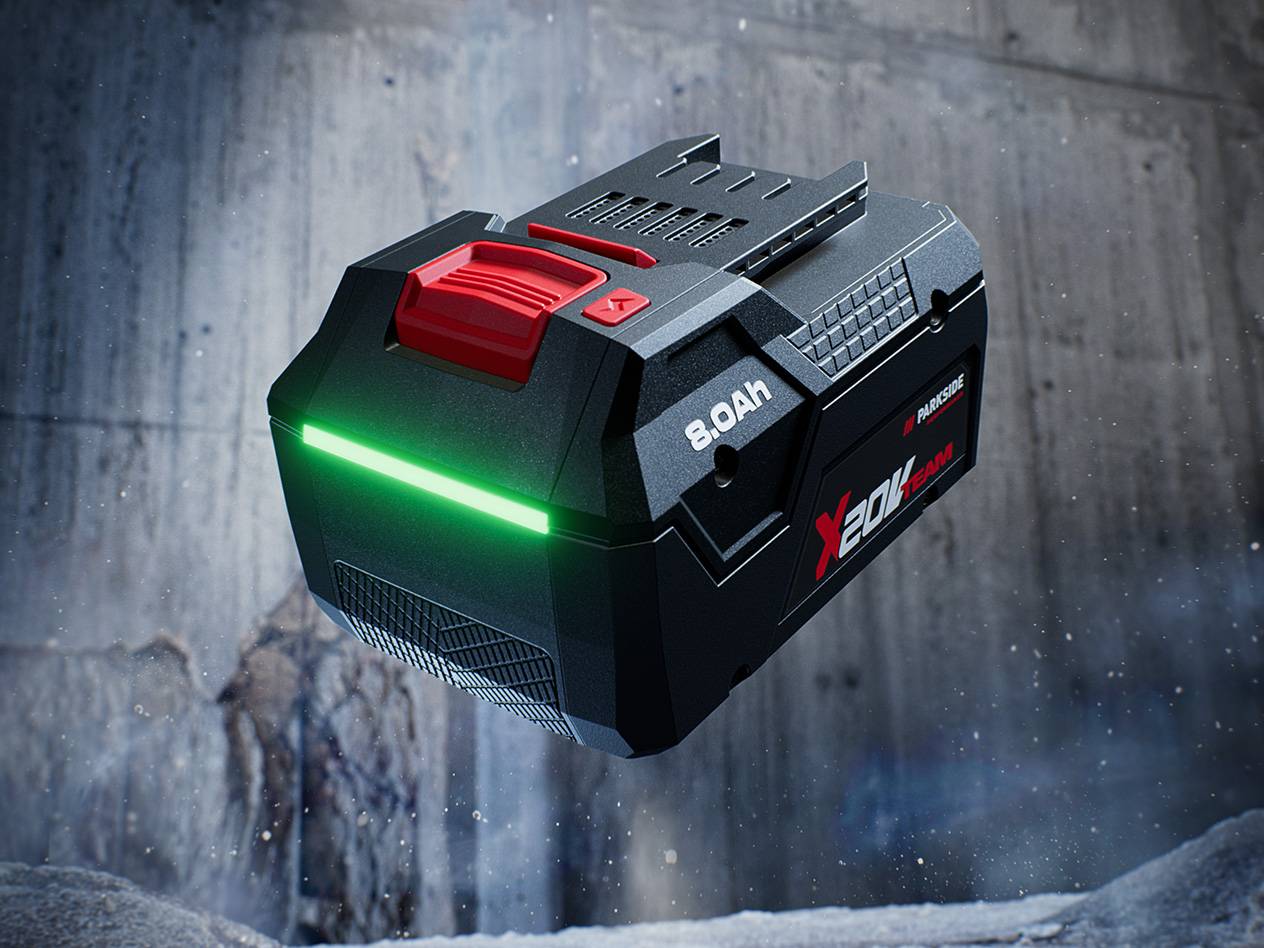 Parkside X 20V Team 8.0Ah Akku mit leuchtend grüner Ladeanzeige.