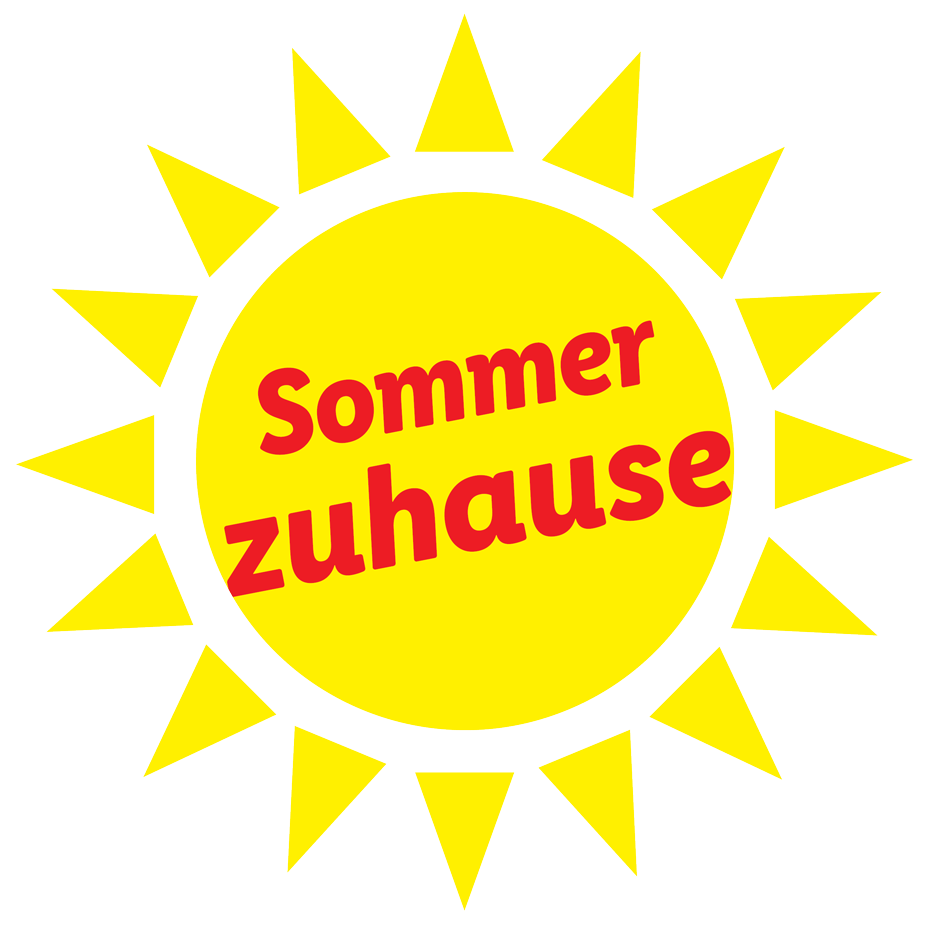 Gelbe Sonne mit rotem Text „Sommer zuhause“.