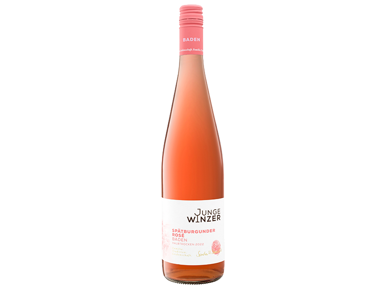 Eine Flasche Junge Winzer Spätburgunder Rosé Wein mit einem rosa Etikett.