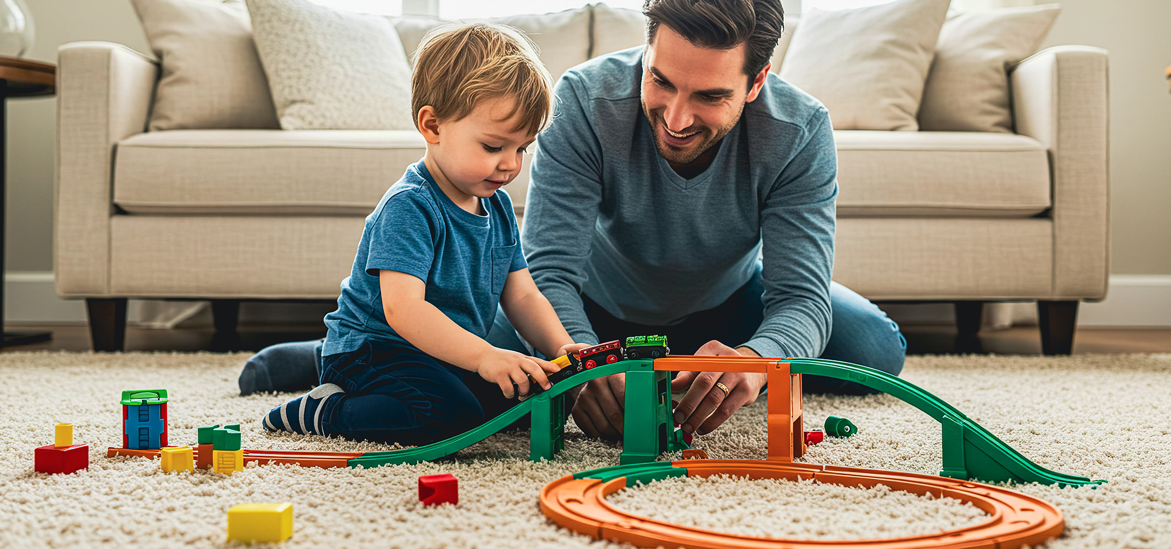 Vater und Sohn spielen mit einer Spielzeugeisenbahn auf dem Wohnzimmerteppich.