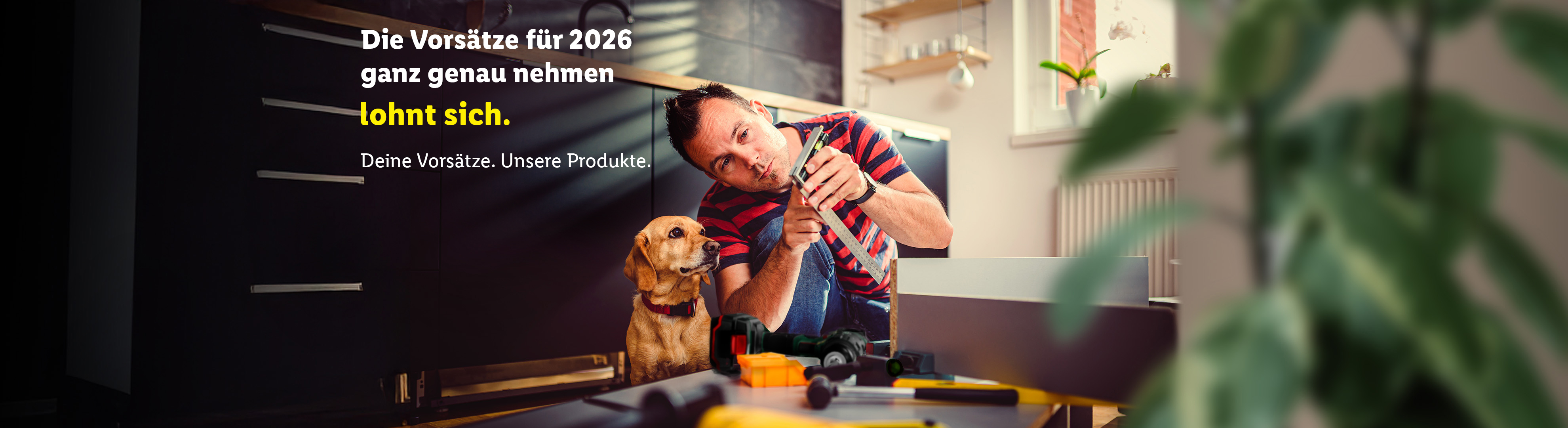 Mann und Hund messen Holz, mit dem Text „Die Vorsätze für 2026 ganz genau nehmen lohnt sich. Deine Vorsätze. Unsere Produkte.“