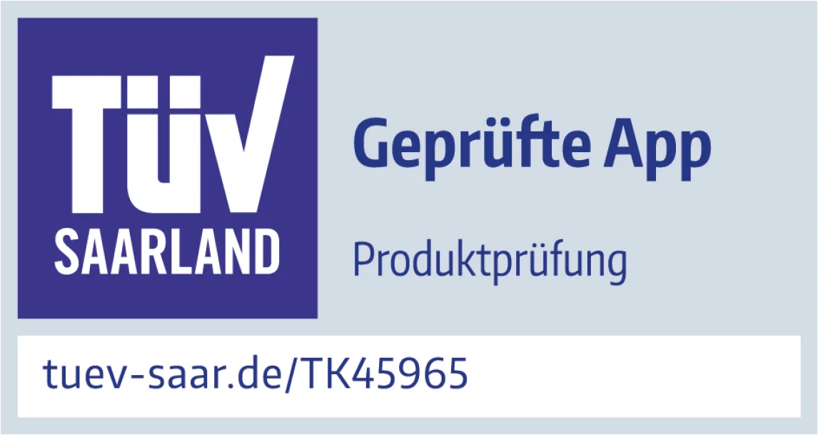 TÜV Saarland Logo mit der Aufschrift „Geprüfte App, Produktprüfung“ und einer URL.