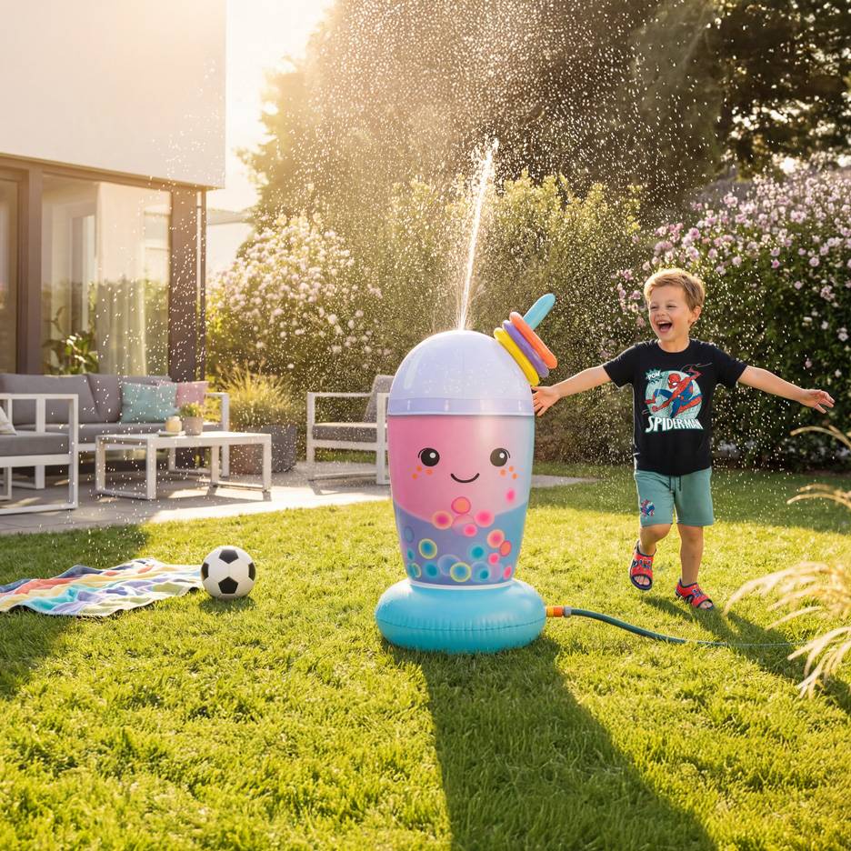 Gartensprenger in Getränkeform, mit einem fröhlichen Kind, das im Wasser spielt.
