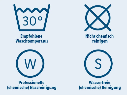 Wäschepflegesymbole: 30°C Wäsche, nicht chemisch reinigen, professionelle Nassreinigung (W), chemische Reinigung (S).