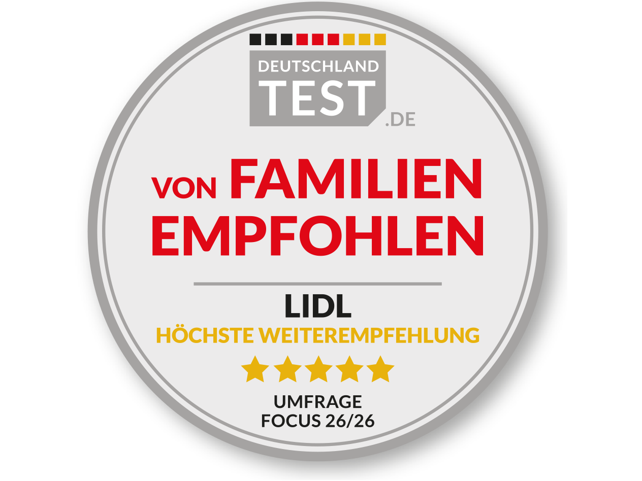 Siegel: Von Familien empfohlen, höchste Weiterempfehlung für Lidl mit 5 Sternen, Umfrage Focus 26/26.