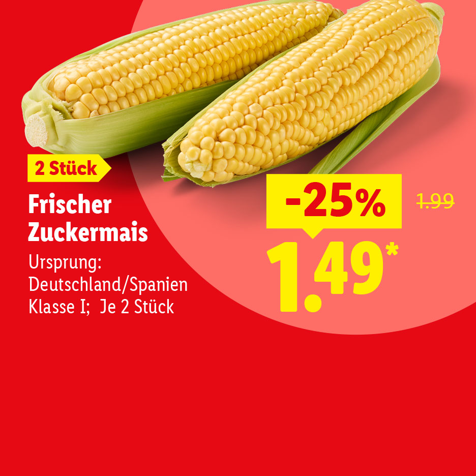 Frischer Zuckermais, 2 Stück, aus Germanland/Spanien, Klasse I, für 1,49 € statt 1,99 € (-25%).