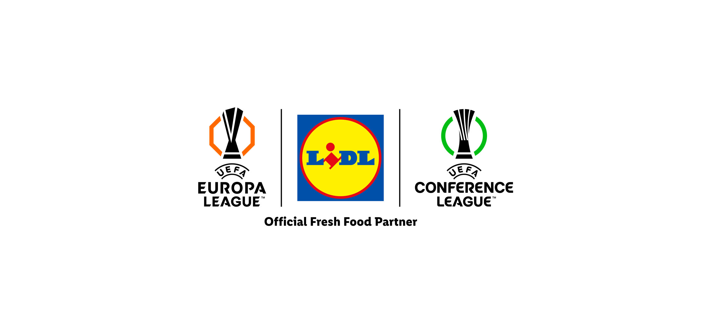 UEFA Europa League und Conference League Logos mit dem Schriftzug „Official Fresh Food Partner“.