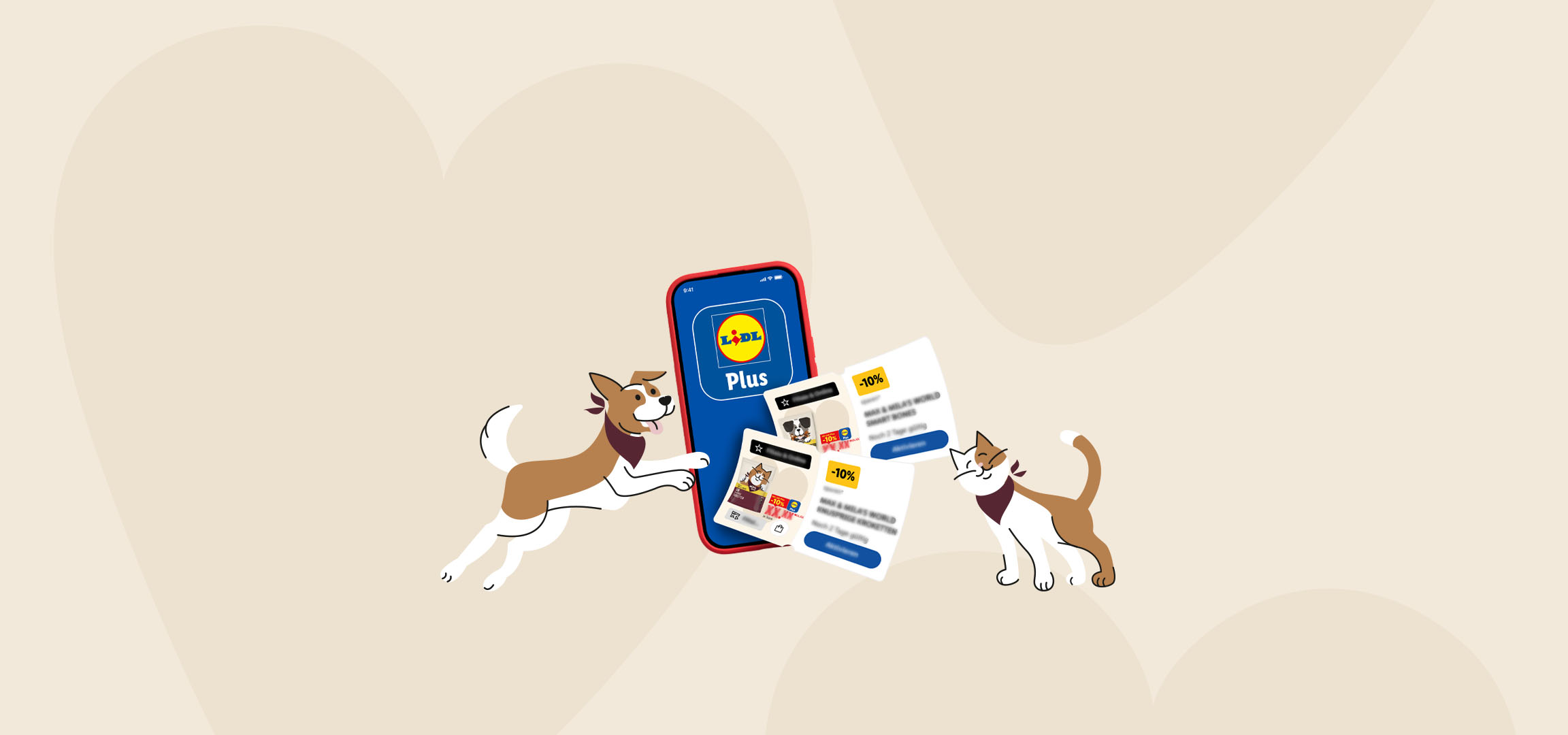 App mit Tierfutterangeboten, umgeben von Katze und Hund.