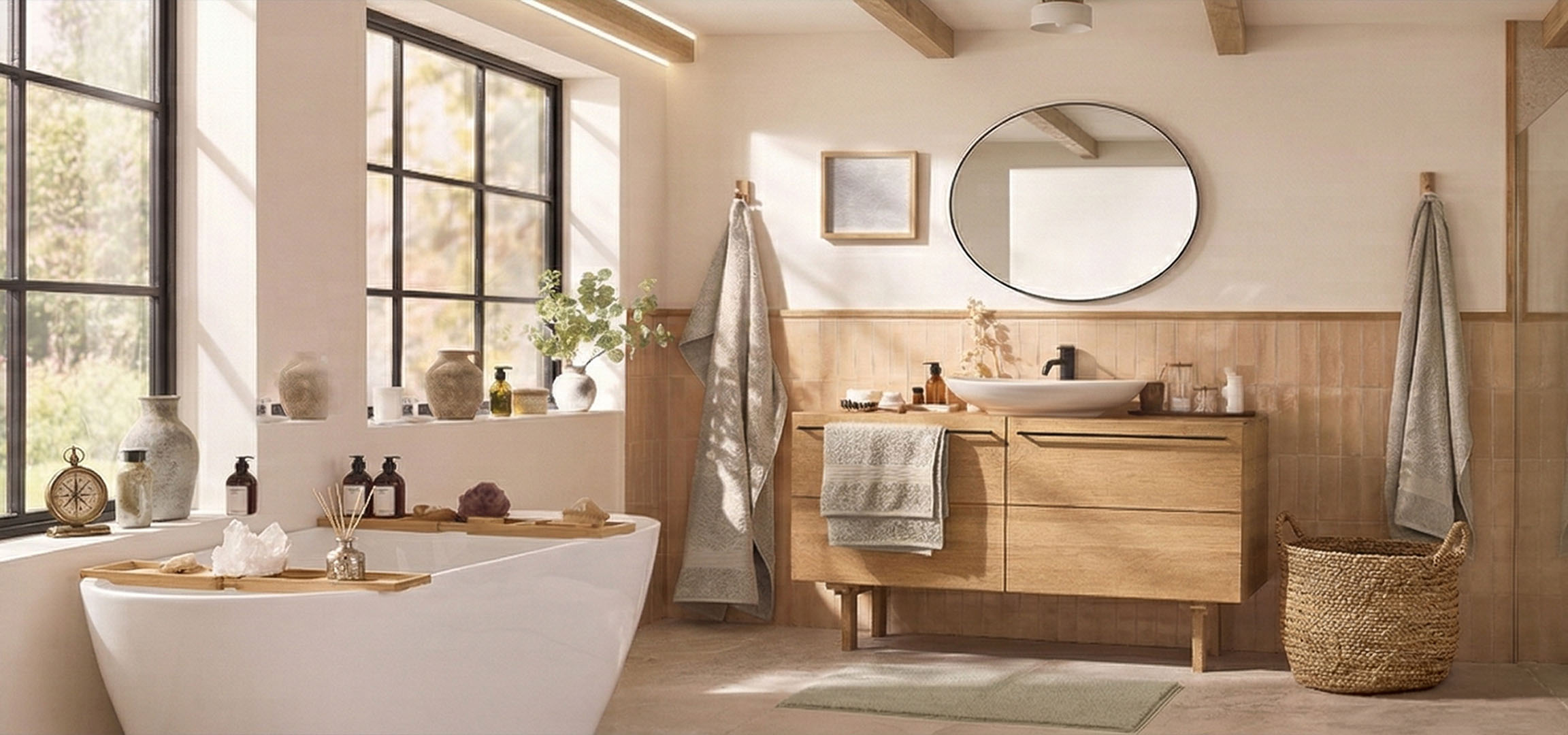 Helles Badezimmer mit Badewanne, Dusche, Holzmöbeln und natürlicher Dekoration.