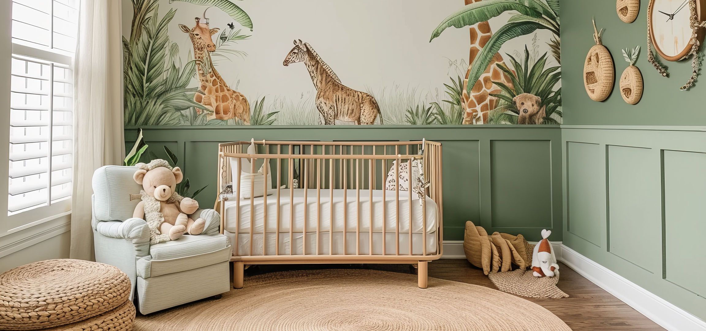 Babyzimmer mit grünen Wänden, Holzbett, Sessel und rundem Teppich.