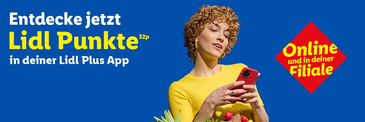 Frau mit Smartphone und Gemüse, bewirbt Lidl Punkte in der Plus App, online und in der Filiale.