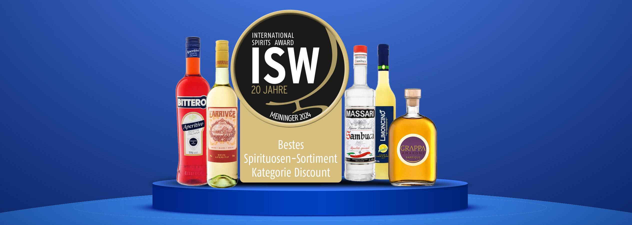 Prämierte Liköre: Bitter, L'Arrivée, Massari Sambuca, Limoncino und Grappa.