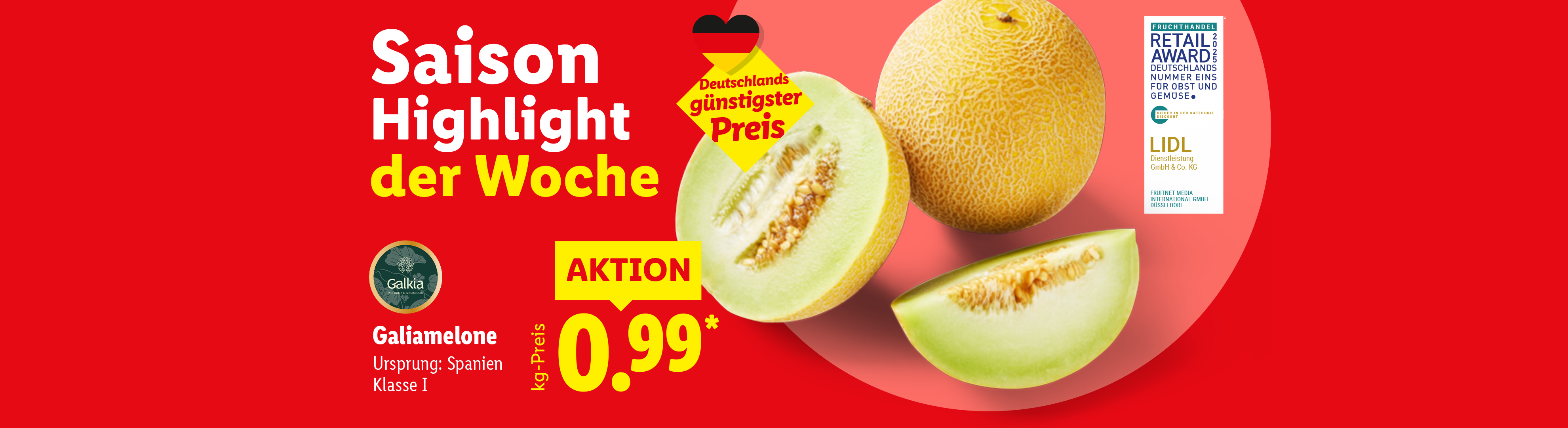 Saison Highlight der Woche. Galiamelone in der Aktion für 0.99 € je kg. Ursprung: Spanien. Klasse 1. Jetzt entdecken