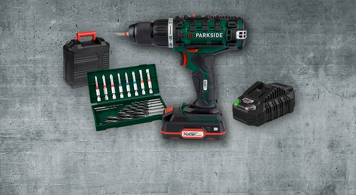 Parkside Bohrmaschine, Akku und Zubehör.