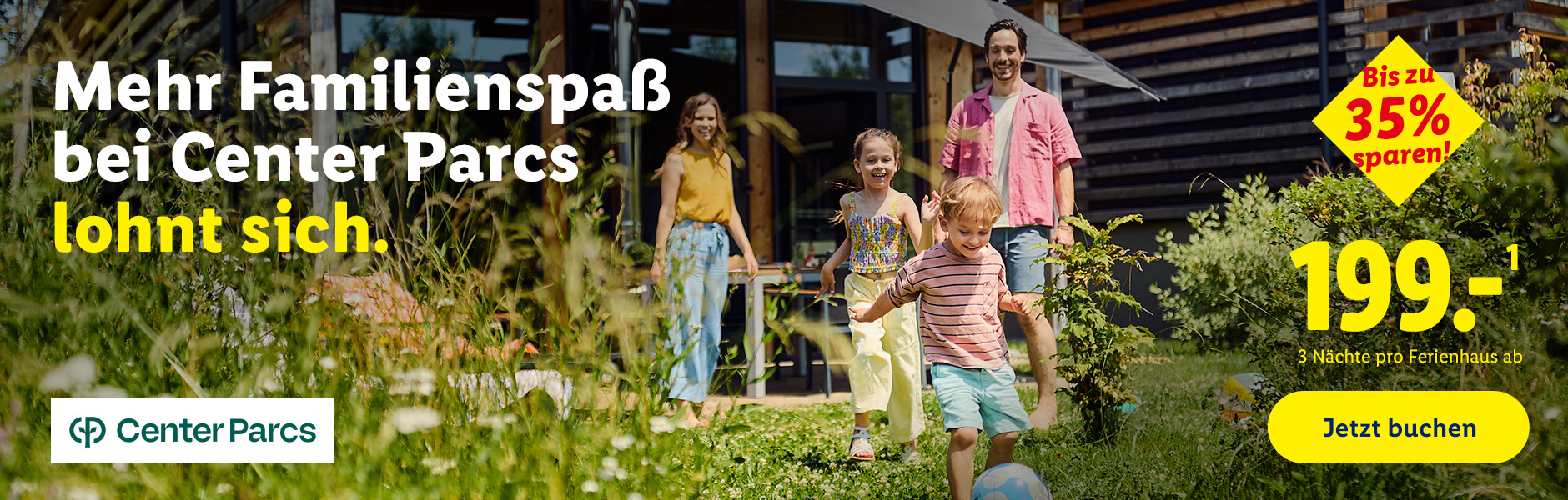 Bei Reisen & Experiences: Mehr Familienspaß bei Center Parcs lohnt sich. 3 Nächte pro Ferienhaus ab 199€.  Jetzt Familienurlaub buchen