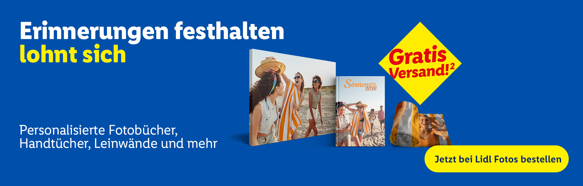 Leinwand, Fotobuch & Handtuch mit Fotos einer Gruppe Frauen am Strand. In einer Raute zu sehen: Gratis Versand.