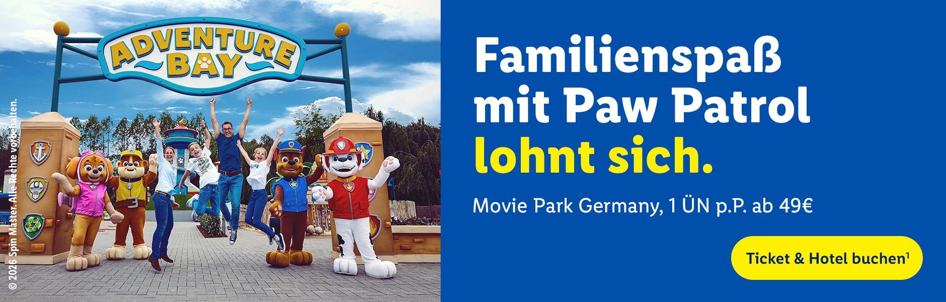 Familienspaß mit Paw Patrol lohnt sich. Ticket & Hotel buchen. Movie Park Germany, 1 ÜN p.P. ab 49 €.