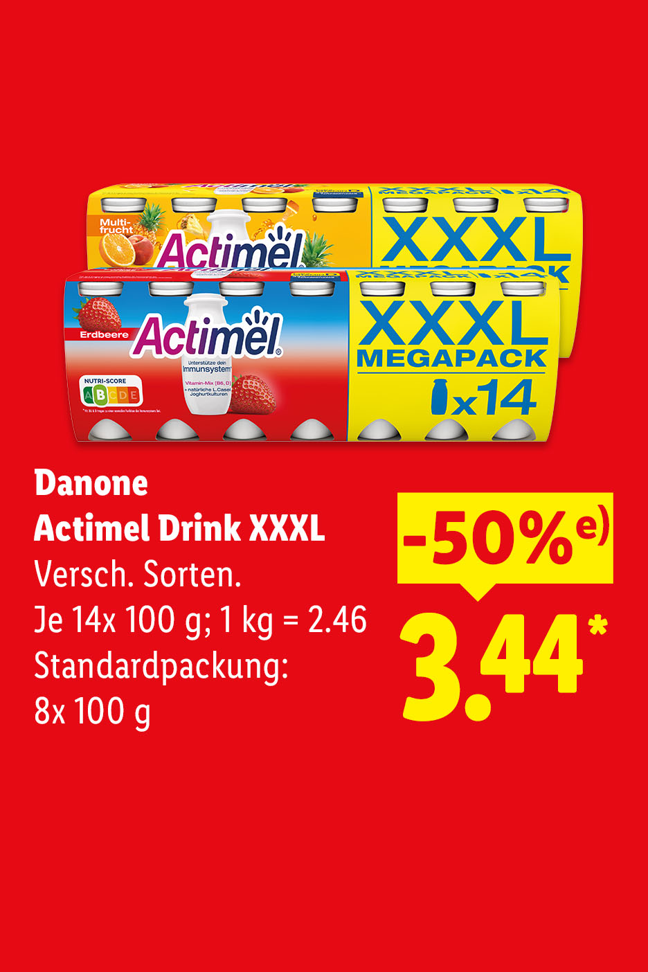 Danone Actimel Drink XXXL, verschiedene Sorten, je 14x 100 g (1 kg = 2.46€) -50% (e) billiger für 3.44€, Standardpackung: 8x 100 g