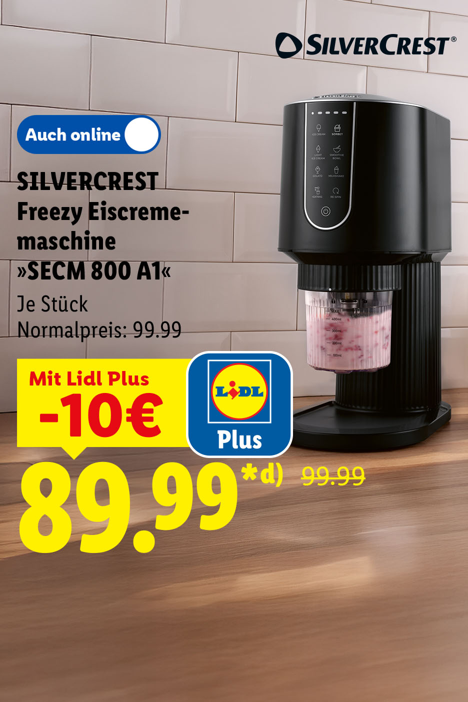 Mit Lidl Plus -10 € günstiger: SILVERCREST Freezy Eiscrememaschine SECM 800 A1, je Stück Auch online für 89.99 €* (d). Normalpreis: 99.99. Lidl Plus Preis gültig nur für Filialeinkauf.