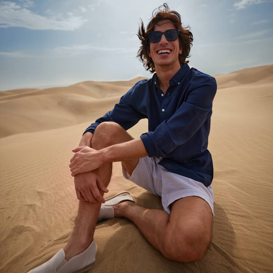 Lächelnder Mann in blauem Hemd und Shorts, sitzend auf Sanddünen.