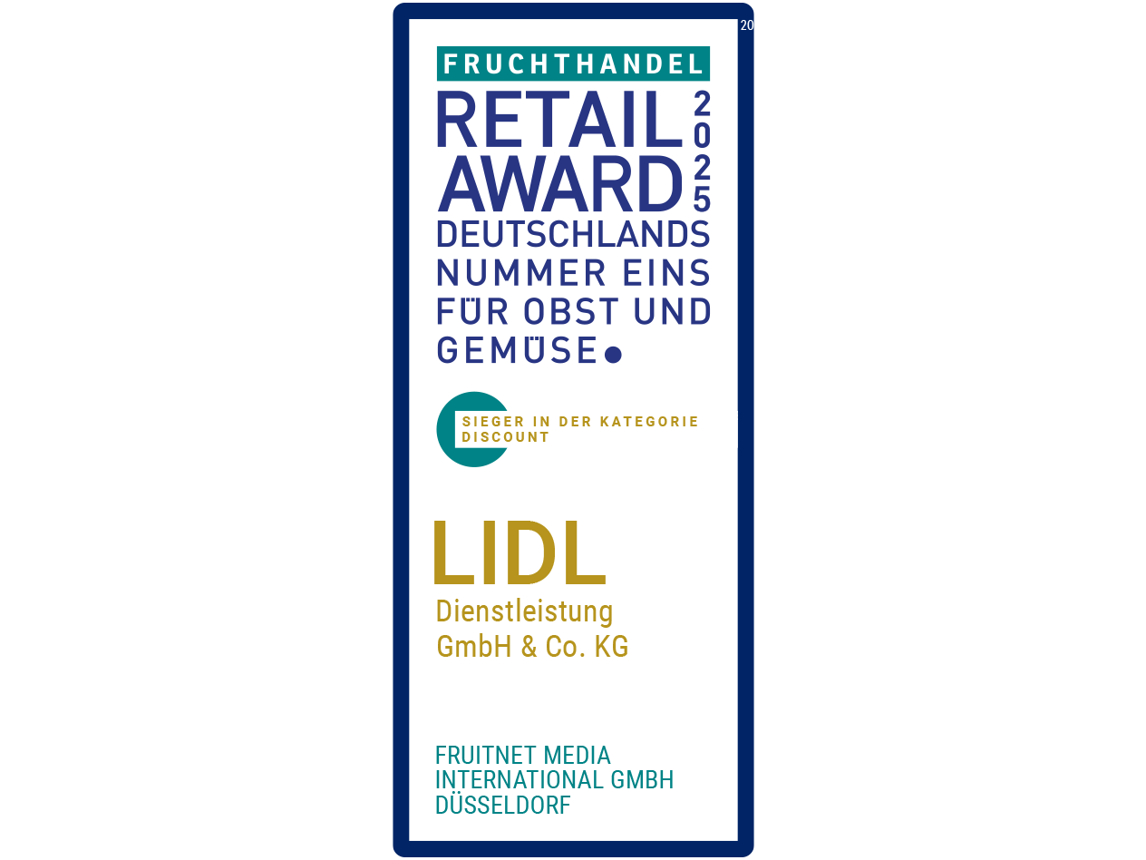 Fruchthandel Retail Award 2025 für Lidl als Deutschlands Nr. 1 für Obst und Gemüse in der Kategorie Discount.